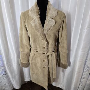BRANDON THOMAS Penny Lane Coat Medium Tan Suede Leather Faux Fur Lining Vintage